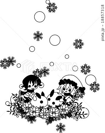 福寿草が咲く場所で かわいい雪うさぎを作る小さな男の子と女の子 のイラスト素材