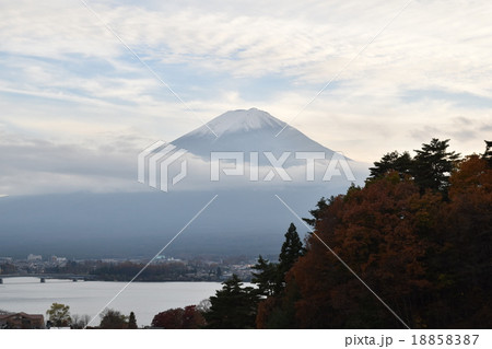 河口湖（ラビスタ富士河口湖）からの冠雪の富士山と河口湖大橋と紅葉 18858387