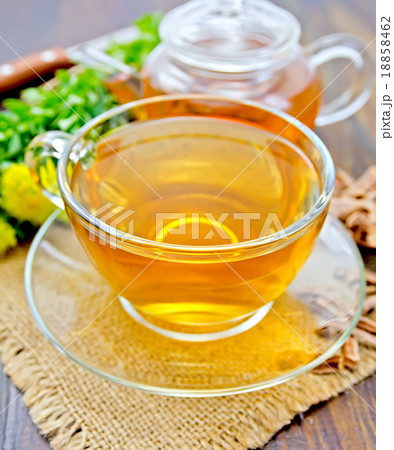 Tea of Rhodiola rosea in glass cup and teapot 18858462