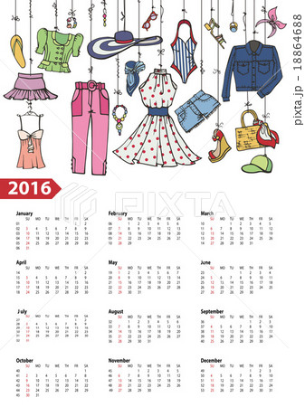 Calendar 2016 year.Summer fashion set.Colored Calendar 2016 year.Summer fashion set.Colored 18864688