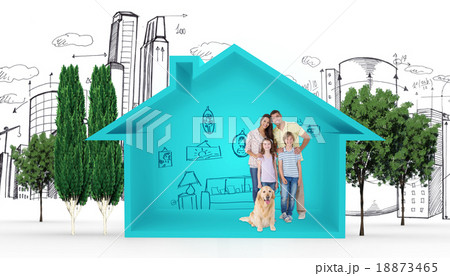 Composite image of happy family standing with dog Composite image of happy family standing with dog 18873465