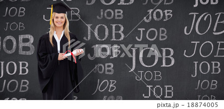 Composite image of smiling blonde student in graduate robe holdi 18874005