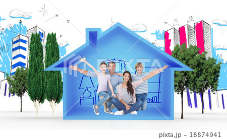 Composite image of happy family with arms outstretched over whit Composite image of happy family with arms outstretched over whit 18874941