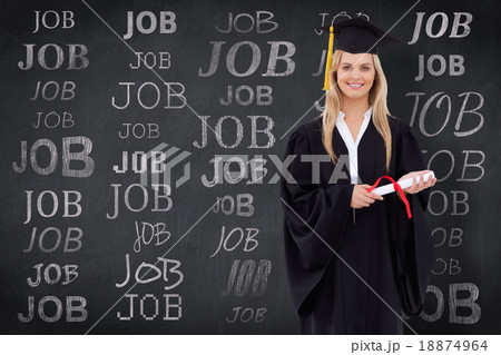 Composite image of smiling blonde student in graduate robe holdi 18874964