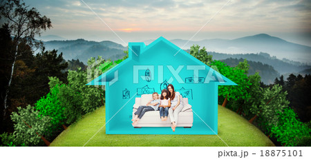 Composite image of mother with their children sitting on sofa Composite image of mother with their children sitting on sofa 18875101