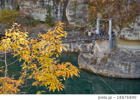 塔のへつり 紅葉とつり橋 南会津 福島の写真素材 1760