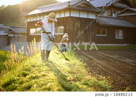 地方の農家で草刈りをする高齢者夫婦 - mowing persons in rural area 18886213