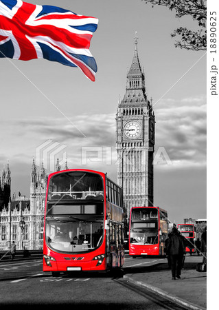 London with Big Ben and red buses in England, UK 18890625