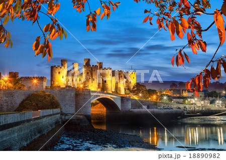 Conwy Castle with autumn leaves in Wales, UK Conwy Castle with autumn leaves in Wales, UK 18890982