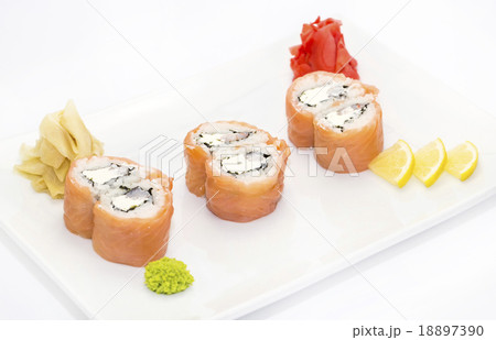 plate of sushi beautifully decorated with salad an plate of sushi beautifully decorated with salad an 18897390