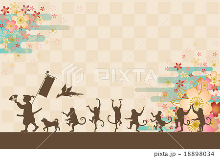桃太郎とサルの行進と桜の背景 18898034