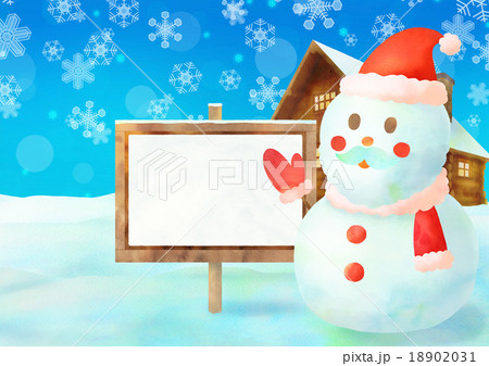 伝言サンタ雪だるま背景（横）ブルーa 18902031