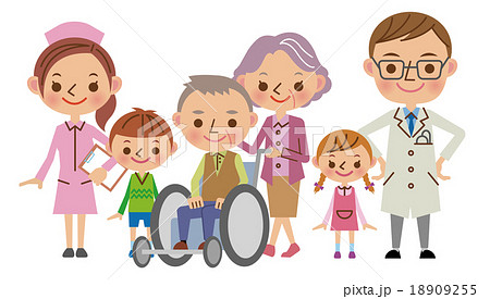医療スタッフと患者家族イメージ 医者 看護師 患者家族 のイラスト