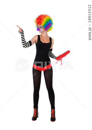 Funny clown in colorful wig, standing on white background Funny clown in colorful wig, standing on white background 18913412