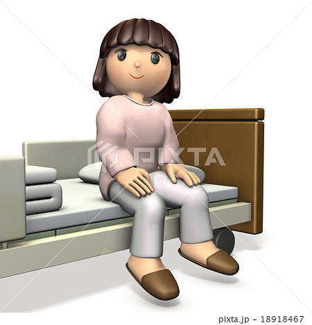 病院のベッドにこしかける女の子を描いた3dレンダリング画像のイラスト