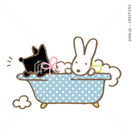 ほのぼのとした子犬とウサギのお風呂に入っているイラストのイラスト素材
