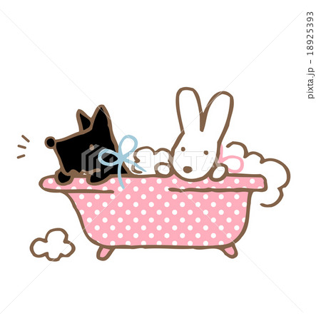 ほのぼのとした子犬とウサギのお風呂に入っているイラスト 18925393
