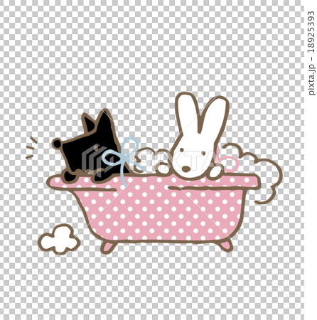 ほのぼのとした子犬とウサギのお風呂に入っているイラスト 18925393