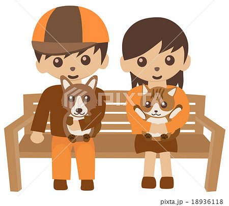 仲良くベンチに座る犬と猫と人のイラスト素材