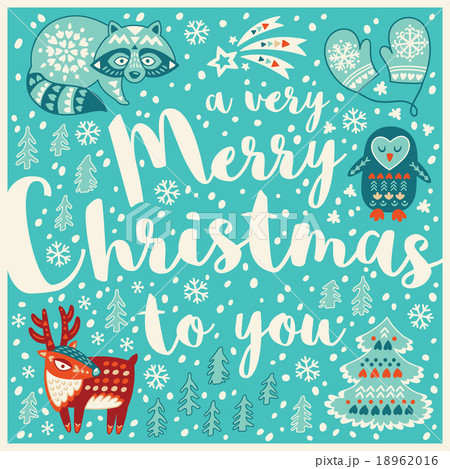 Greeting Holiday card with raccon, deer, penguin Greeting Holiday card with raccon, deer, penguin 18962016