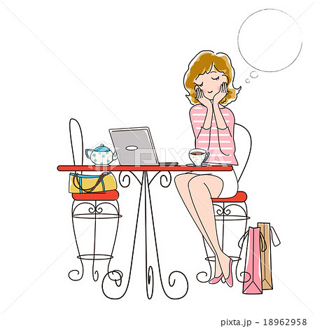 パソコンしながらコーヒーを飲むかわいい女性のイラストのイラスト素材
