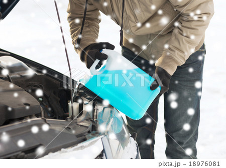 closeup of man pouring antifreeze into car closeup of man pouring antifreeze into car 18976081