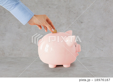close up of hand putting coin to piggy bank close up of hand putting coin to piggy bank 18976187