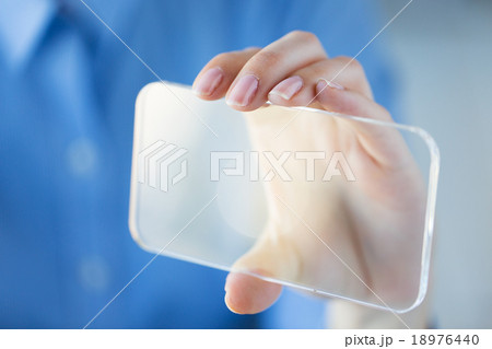 close up of woman with transparent smartphone close up of woman with transparent smartphone 18976440