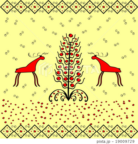 Reindeer near Christmas tree ornament ethnic Reindeer near Christmas tree ornament ethnic 19009729
