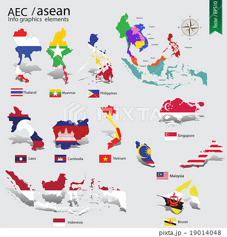 abstract national flag on country map of ASEAN abstract national flag on country map of ASEAN 19014048