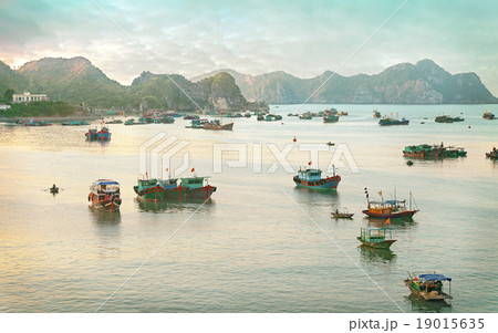 Dreamy seascape with authentic colourful boats 19015635