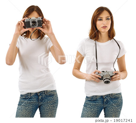 Woman with blank white shirt and camera 19017241