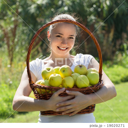 Girl with a basket of apples outdoor 19020271