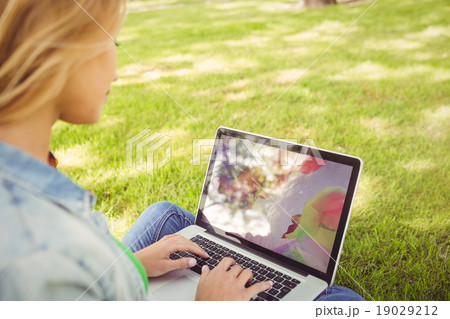 Woman using laptop at park Woman using laptop at park 19029212