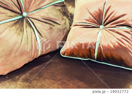 Velvet pillows on the brown sofa 19032772