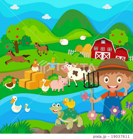 Farmer and farm animals in the farm Farmer and farm animals in the farm 19037611