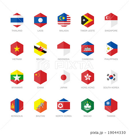 East Asia and South East Asia Flag Icons. Hexagon  19044330