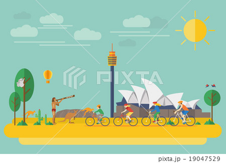 Happy family riding bicycles in Australia. Flat Il 19047529