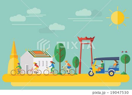 Happy family riding bicycles in Thailand. Flat Ill 19047530