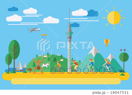 Happy family biking in New Zealand. Flat illustrat 19047531