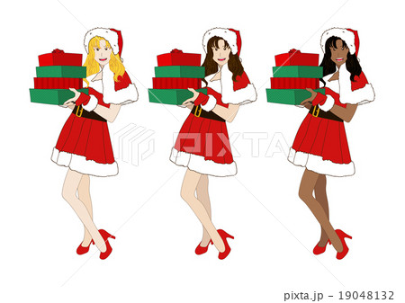 Santa Girl Blond Brown Black Holding Presents Pile 19048132