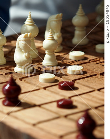 THAI plastic chess figure set on wooden board THAI plastic chess figure set on wooden board 19054945