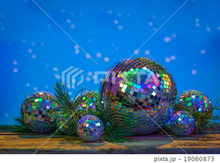 Christmas Mirror balls on wooden background 19060873