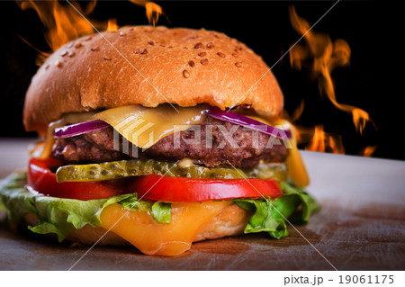 Fresh tasty hot homemade burger with fire 19061175