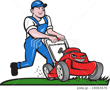 Gardener Mowing Lawn Mower Cartoonのイラスト素材