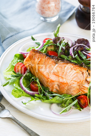 Salmon steak with salad 19066764