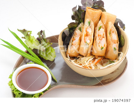 Rolls of vegetables and crispy dough with sauce Rolls of vegetables and crispy dough with sauce 19074397