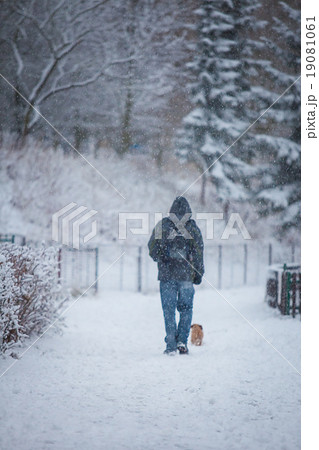 Man and dog in snow 19081061