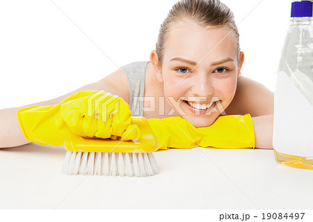 beautiful woman in yellow rubber gloves over white beautiful woman in yellow rubber gloves over white 19084497