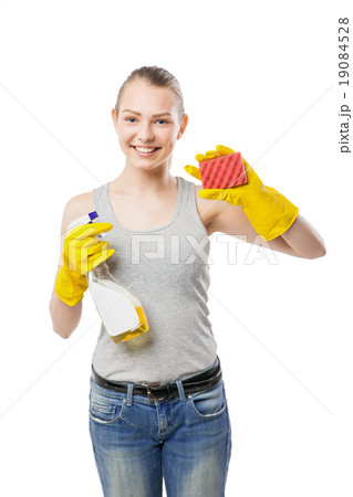 beautiful woman in yellow rubber gloves over white 19084528
